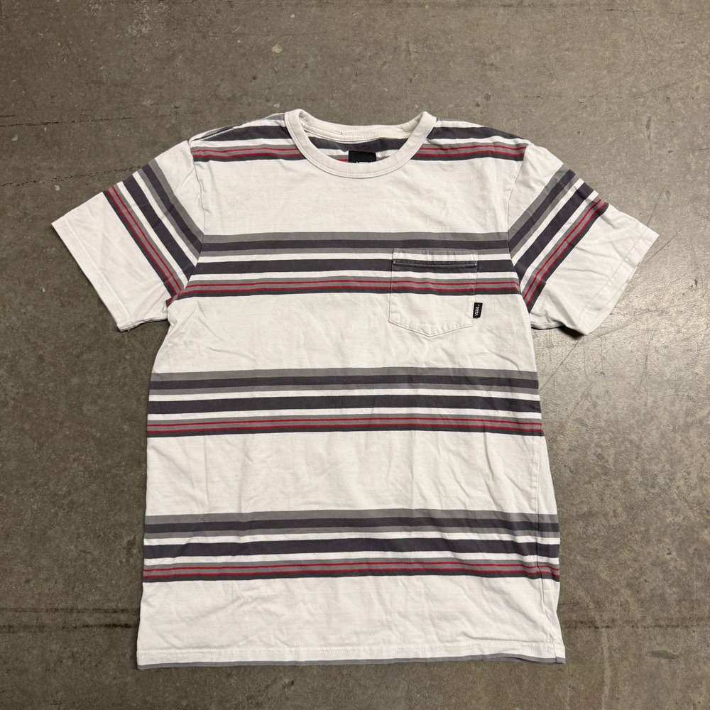 Vans Mens Striped Pocket T-Shirt White Grey Red Crew Neck Short Sleeve Medium